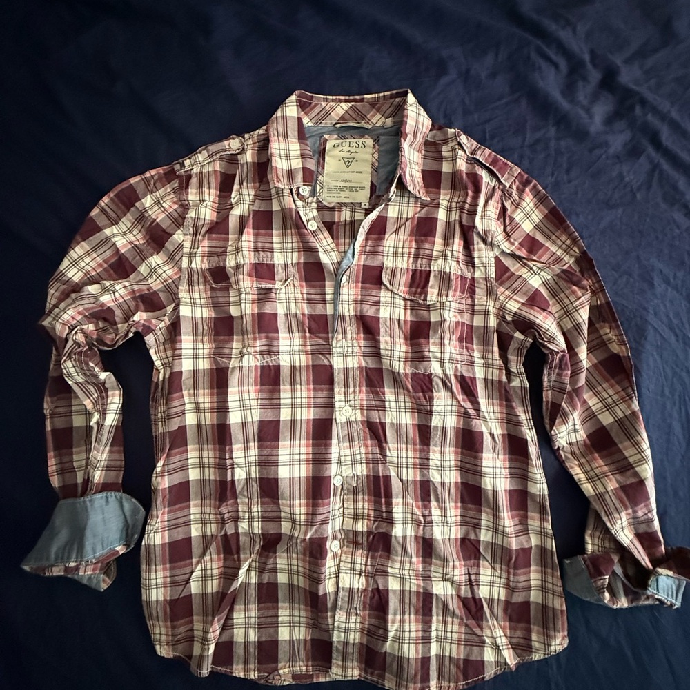 Guess Men's Casual Plaid Shirt - Burgundy and Cream